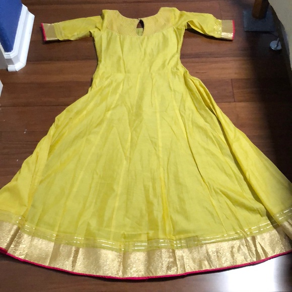 Bollywood indian dress Anarkali style yellow top pink dupatta pink legging pant - Picture 2 of 4